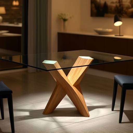 Mesa de jantar de vidro com base de madeira